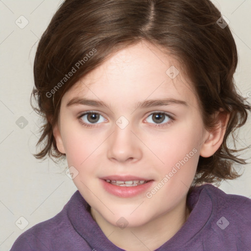 Joyful white child female with medium  brown hair and brown eyes