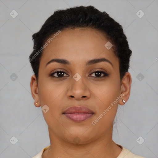 Neutral black young-adult female with short  brown hair and brown eyes