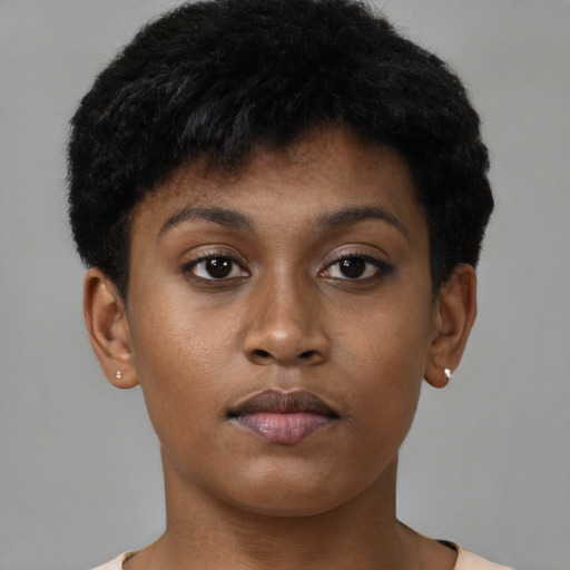 Neutral black young-adult female with short  brown hair and brown eyes