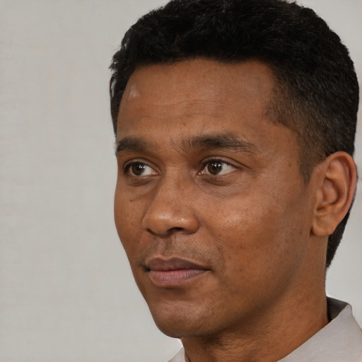 Neutral black adult male with short  black hair and brown eyes