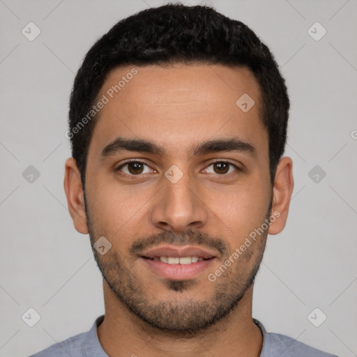 Neutral latino young-adult male with short  black hair and brown eyes