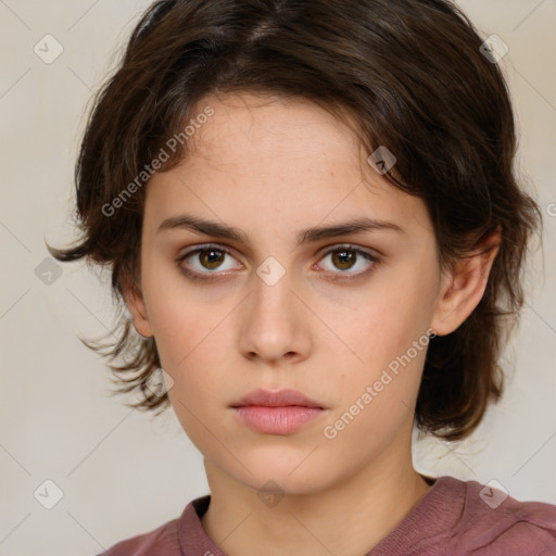 Neutral white young-adult female with medium  brown hair and brown eyes