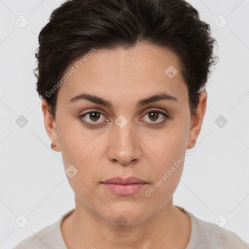 Neutral white young-adult female with short  brown hair and brown eyes