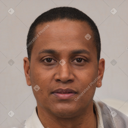 Neutral latino adult male with short  brown hair and brown eyes