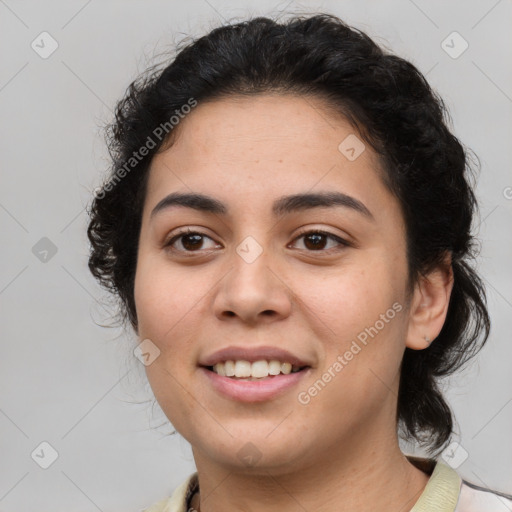 Joyful latino young-adult female with medium  black hair and brown eyes