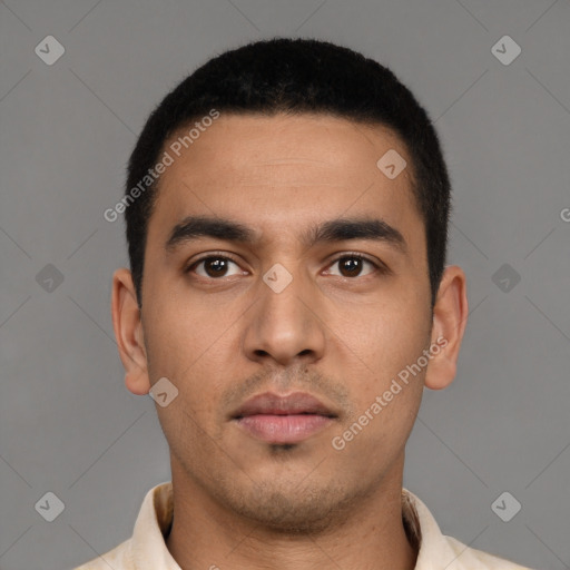 Neutral latino young-adult male with short  brown hair and brown eyes