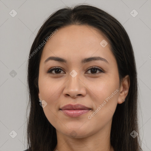 Joyful asian young-adult female with long  brown hair and brown eyes