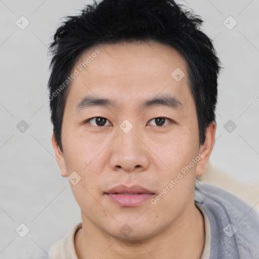 Neutral asian young-adult male with short  black hair and brown eyes