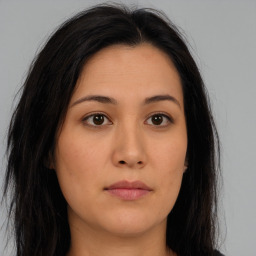 Neutral asian young-adult female with long  brown hair and brown eyes