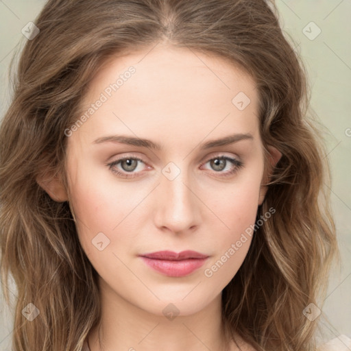 Joyful white young-adult female with long  brown hair and green eyes