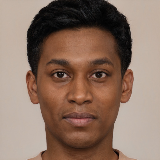Neutral black young-adult male with short  black hair and brown eyes