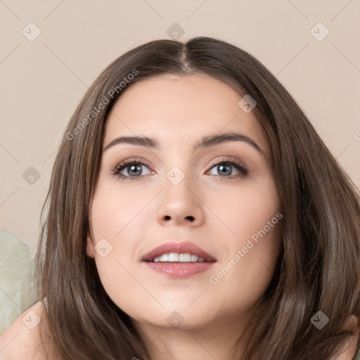 Neutral white young-adult female with long  brown hair and brown eyes