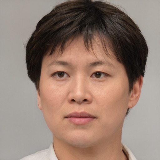 Joyful asian young-adult female with short  brown hair and brown eyes