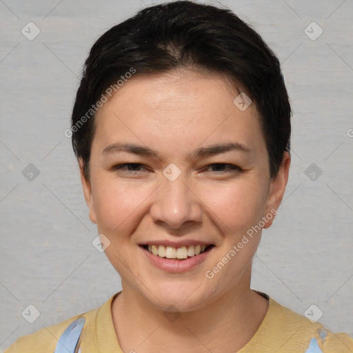 Joyful white young-adult female with short  brown hair and brown eyes