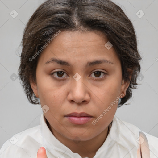 Neutral white young-adult female with medium  brown hair and brown eyes