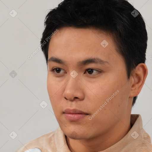 Neutral asian young-adult male with short  black hair and brown eyes
