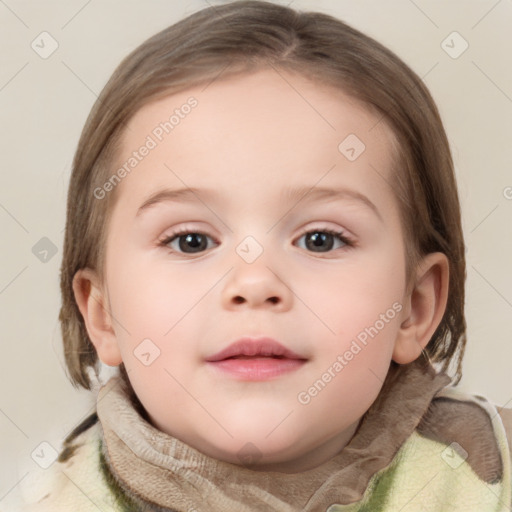 Neutral white child female with medium  brown hair and grey eyes