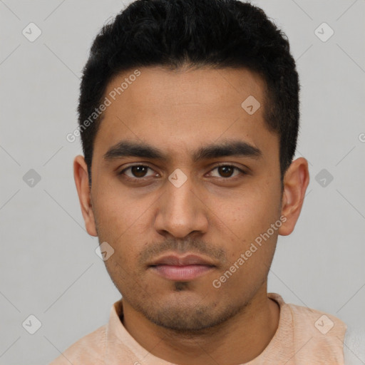 Neutral asian young-adult male with short  black hair and brown eyes