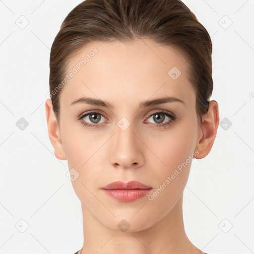 Neutral white young-adult female with short  brown hair and brown eyes