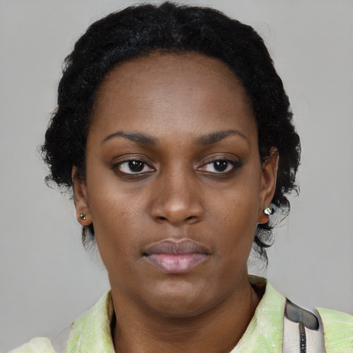 Neutral black young-adult female with short  black hair and brown eyes