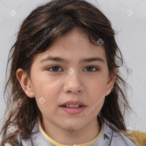 Joyful white child female with medium  brown hair and brown eyes