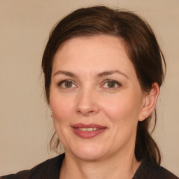 Joyful white adult female with medium  brown hair and brown eyes