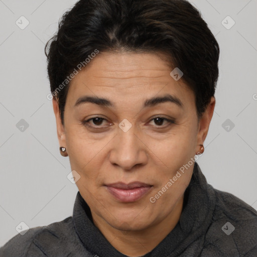 Joyful white adult female with short  brown hair and brown eyes