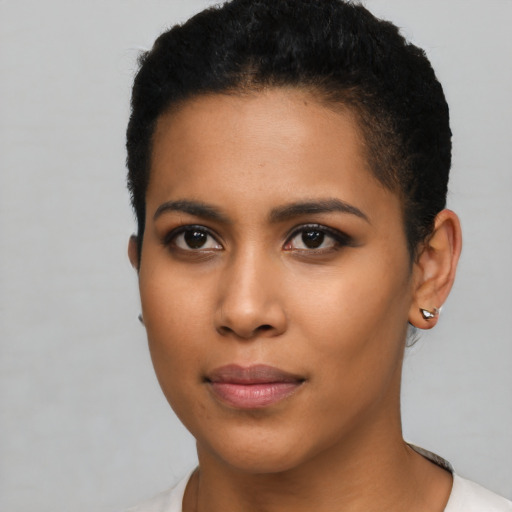 Neutral latino young-adult female with short  brown hair and brown eyes