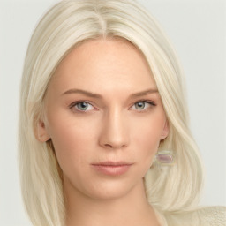 Neutral white young-adult female with medium  blond hair and blue eyes