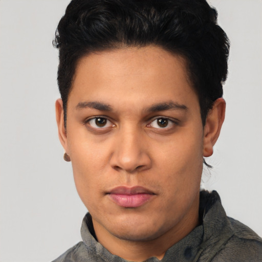 Neutral latino young-adult male with short  black hair and brown eyes