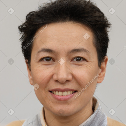 Joyful white adult female with short  brown hair and brown eyes