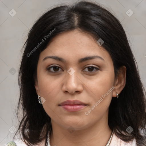 Joyful latino young-adult female with medium  brown hair and brown eyes