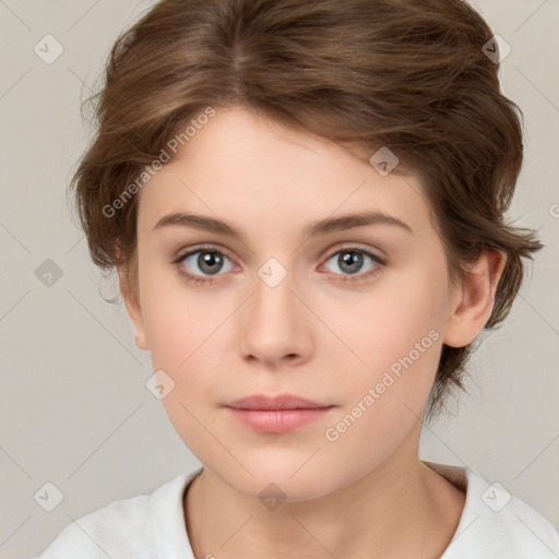 Neutral white young-adult female with medium  brown hair and brown eyes