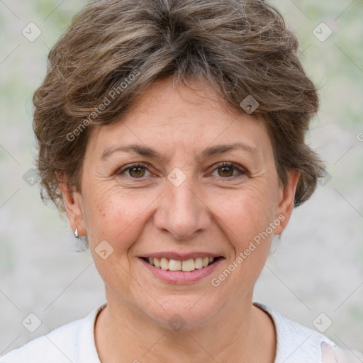 Joyful white adult female with short  brown hair and brown eyes