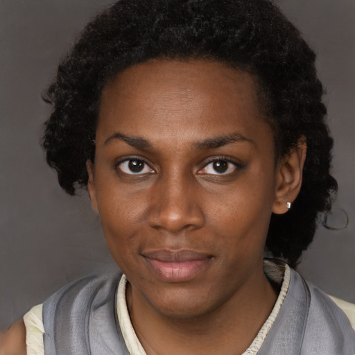 Neutral black young-adult female with short  black hair and brown eyes