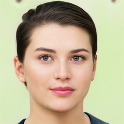 Neutral white young-adult female with short  brown hair and brown eyes