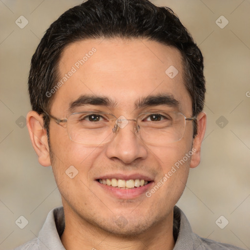 Joyful white adult male with short  brown hair and brown eyes