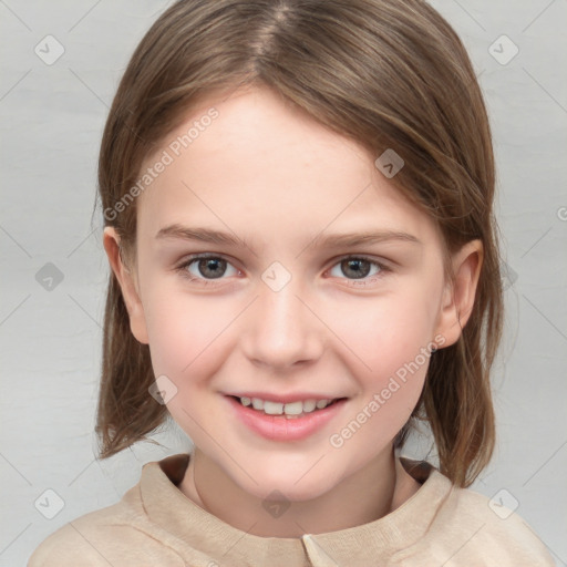 Joyful white child female with medium  brown hair and brown eyes