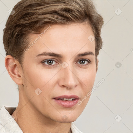 Joyful white young-adult female with short  brown hair and grey eyes