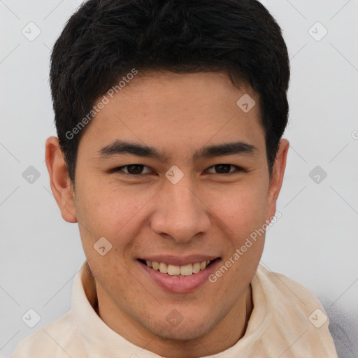 Joyful latino young-adult male with short  brown hair and brown eyes