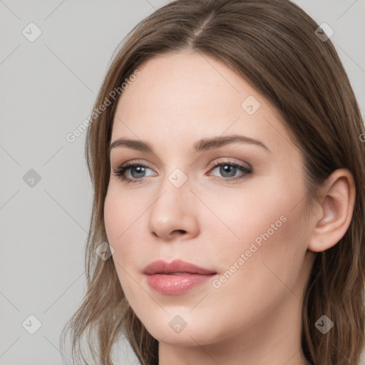 Neutral white young-adult female with long  brown hair and grey eyes