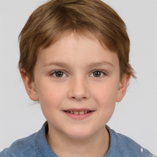 Joyful white child female with short  brown hair and brown eyes