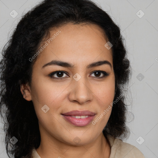 Joyful latino young-adult female with long  brown hair and brown eyes