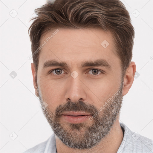 Neutral white adult male with short  brown hair and brown eyes