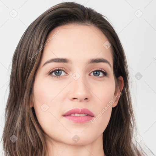 Neutral white young-adult female with long  brown hair and brown eyes