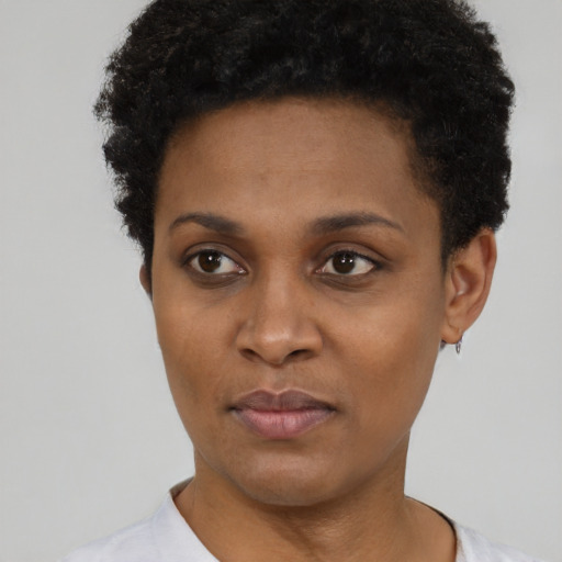 Neutral black young-adult female with short  black hair and brown eyes