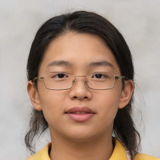 Neutral asian young-adult female with medium  brown hair and brown eyes