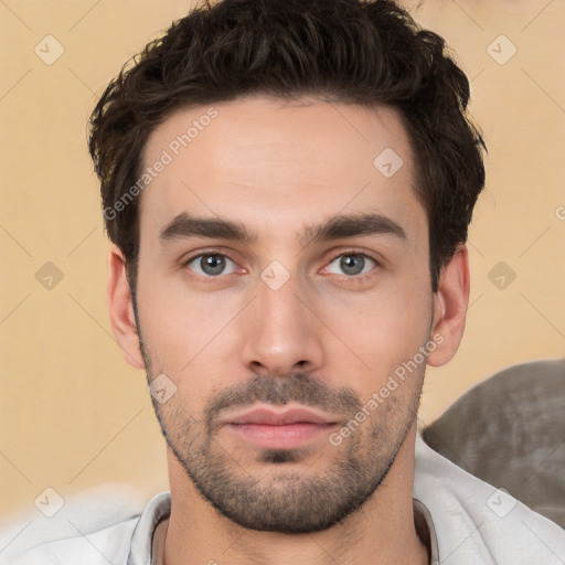 Neutral white young-adult male with short  brown hair and brown eyes