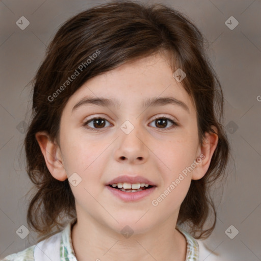 Joyful white child female with medium  brown hair and brown eyes