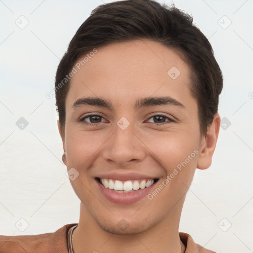 Joyful white young-adult female with short  brown hair and brown eyes